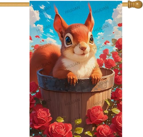 HILILIAN Squirrel Garden Flag Spring Red Rose Garden Flag Double Sided Waterproof Burlap Yard Flag Seasonal Spring Summer Outdoor Decoration 28x40 Inch (5342L)
