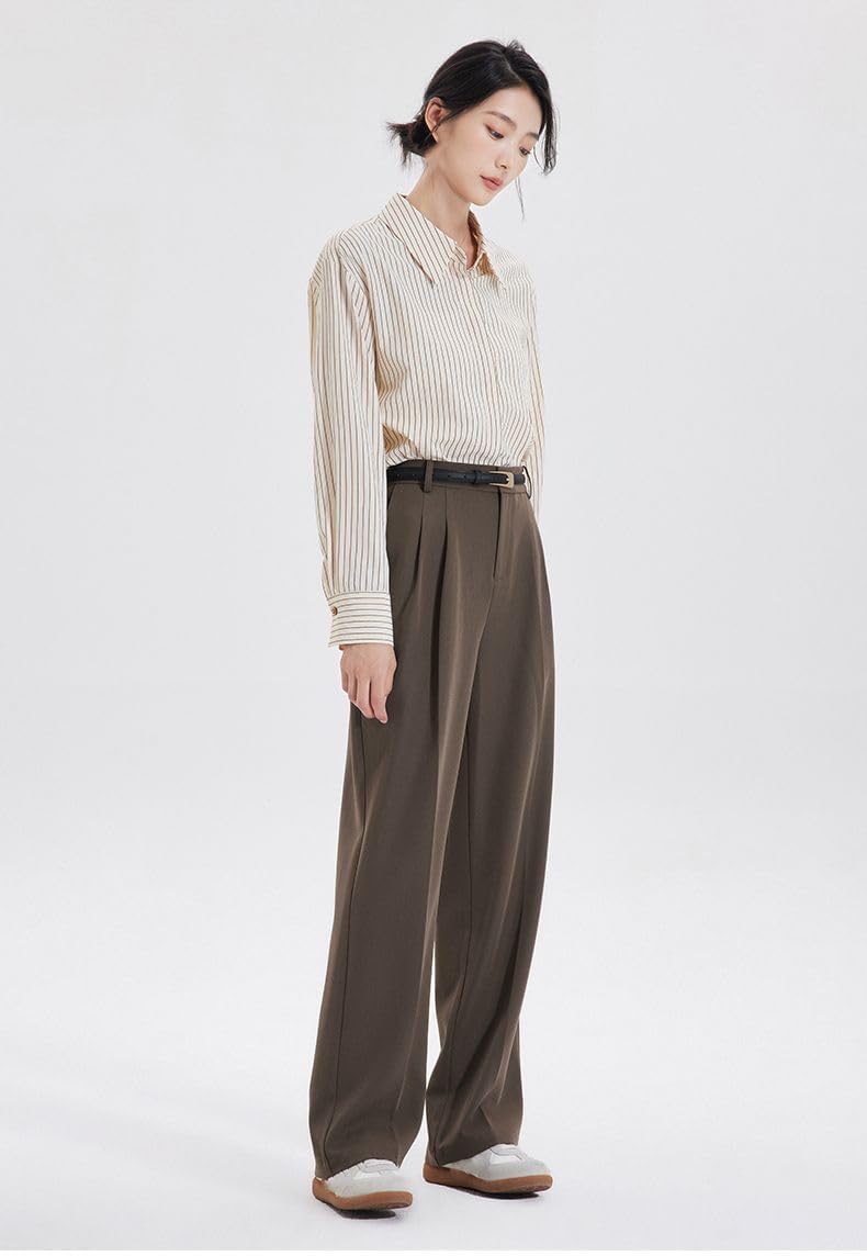 MAFSMJP Womens Boutton Down Shirt Brown Stripe Autumn Professional Commute Shirt for Lady