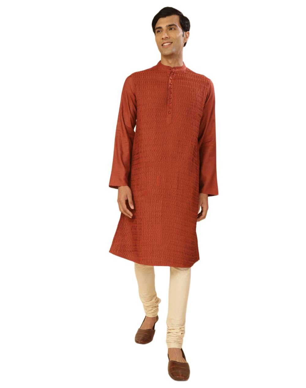 fabindia Orange Viscose Silk Slim Fit Hand Block Printed Kurta-picture-54