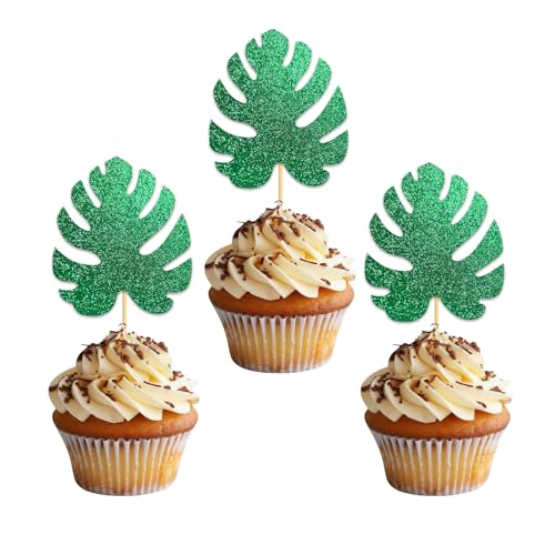 Tropical Turtle Cupcake Toppers Monstera Leaf Glitter Cake Toppers Green Hawaiian Toppers Plam Turtle Leaves Cake Pick for Baby Shower Anniversary Birthday Party Celebrations - 24 Pack