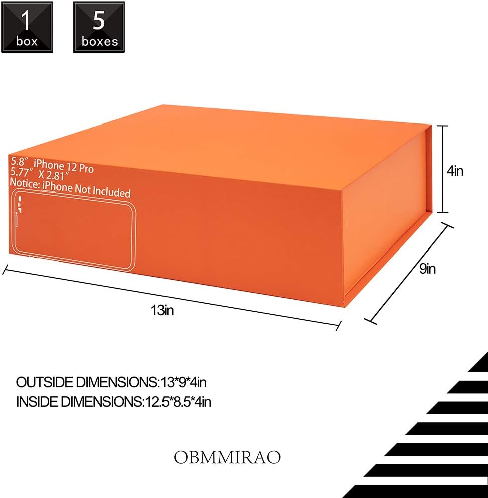 Upgrade 5PCS 13x9x4 Inch Orange Hard Large Gift Box with Lid, Foldable Magnetic Gift Boxes,Groomsman Box bridesmaid proposal box, Reusable Gift Boxes for Clothes