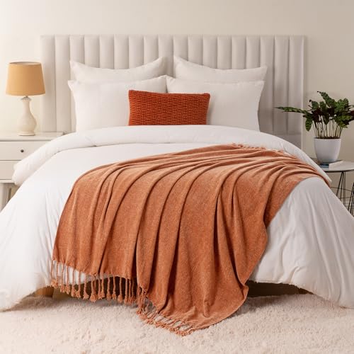 BATTILO HOME Caramel Chenille Throw Blanket for Couch, Soft Cozy Knitted Throw with Tassels, Lightweight Fall Orange Rust Blanket for Fall Decor Bed Sofa Living Room, 50"x60" by BATTILO HOME - Used condition - Image 5