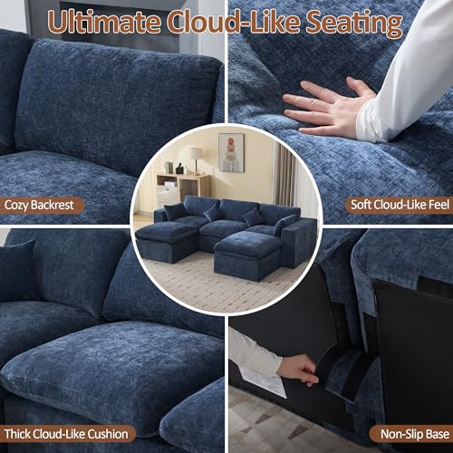 Image of 115'' Cloud Boneless Sectional Couch, Modular Sectional Sofa Deep Seat with 2 Ottomans, Oversized Upholstered Convertible Comfy 5 Seater Chenille Sofa U Shape Couches for Living Room, Navy