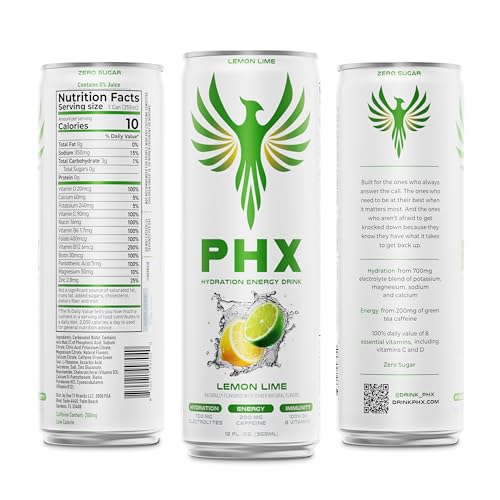 Image of PHX Hydration Energy Drink - 700mg Electrolytes, 200mg Natural Green Tea Caffeine, 100% Daily Value 8 Essential Vitamins - 12 oz Cans (12 Pack, Lemon Lime)
