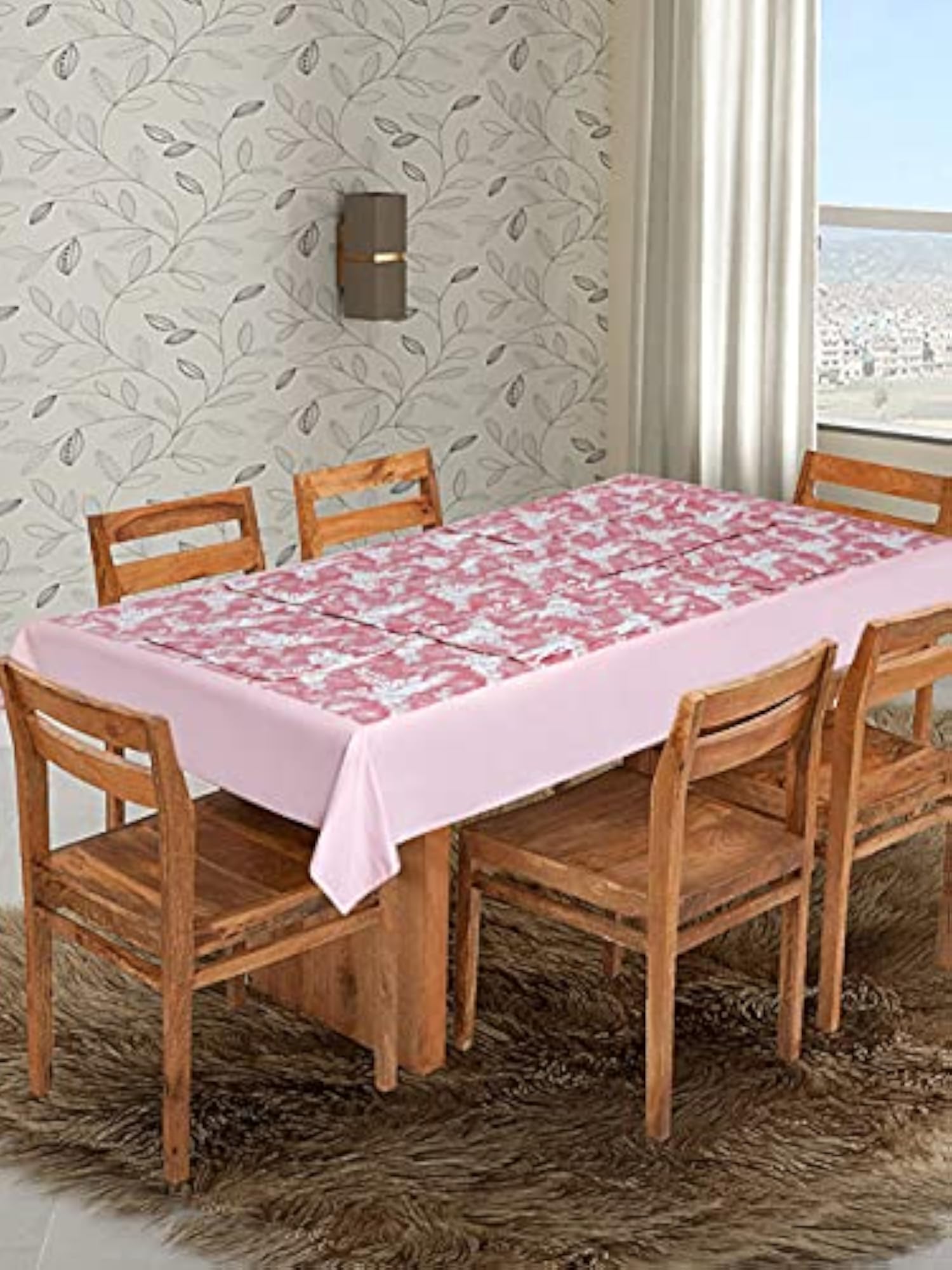 Cotton Pink Autumn Leafs Printed Collection Rectangle Table Cover with 8 Place Mat