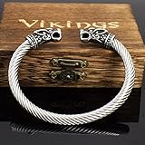 Serired Männer Öffnen Verstellbaren Wikinger Wolfskopf Armring Armreif, Einfaches Verschraubtes Manschettenarmband Aus Edelstahl, Armband-Geschenk-Schmuck Mit Hölzerner Geschenkbox,Silber
