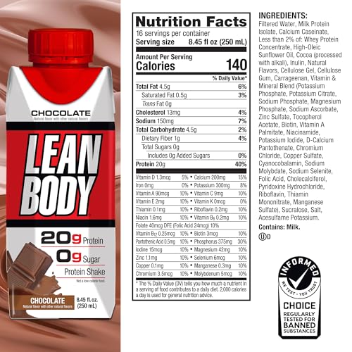 Image of Lean Body Ready-to-Drink Chocolate Protein Shake, 20g Protein, Whey Blend, 0 Sugar, Gluten Free, 22 Vitamins & Minerals, (Recyclable Carton & Lid - Pack of 4)