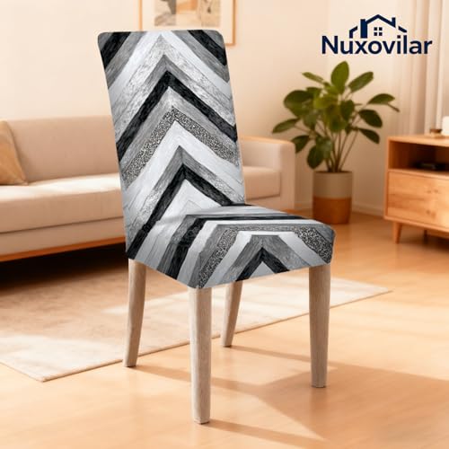 Image of Nuxovilar 4PCS Black White Chevron Geometric Stretch Chair Covers | Stretch Slipcover Modern Protector Chevron Wrap Seat Guard Dining Room Living Cafe Space (Chevron Pattern)