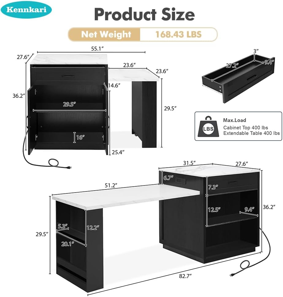 82.6" Fluted Rolling Kitchen Island with Extendable Dining Table for 2-6, Island Table with Power Outlets and Storage Cabinet, Kitchen Cart with Double-Side Storage and Drawers (82.7" Black)