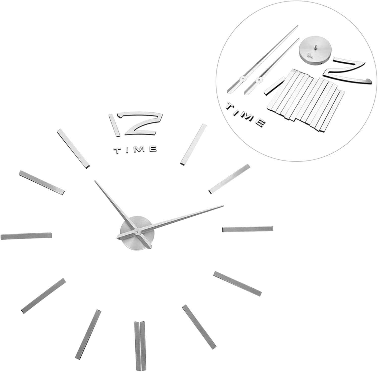 3D Mirror Wall Clock, DIY Large Modern Frameless, Silver, Acrylic Mirror Design, Silent Sweeping Movement, Self-Adhesive, for Living Room Bedroom