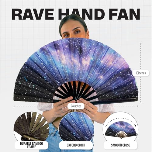 SoJourner Bags Galaxy Rave Fan - Large Folding Clack Fan for Men and Women - Rave Accessories for EDM, Line Dancing, Cosplay, Concerts and More