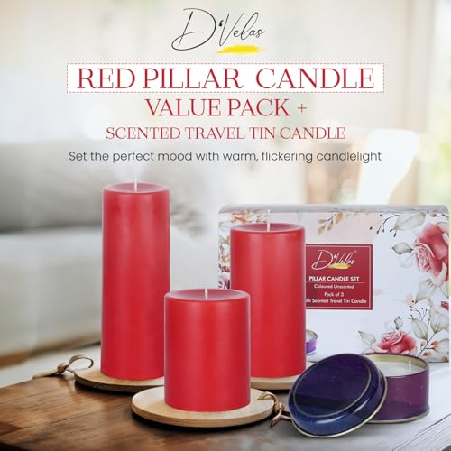 Image of D'Velas Pack of 3 Unscented Red Pillar Candles | Burn Time 50 /65 /80 Hours | Bonus 3oz Scented Travel Tin | Long-Lasting Paraffin Wax Candles for Home Decor, Festive Use & Events