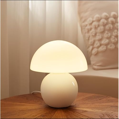Mushroom Lamp Small Lamp, Table Bedside Nightstand Lamp for Bedroom, Cute Mini Modern Lamp Dimmable, Unique Aesthetic Home Decor for Living Room Girl Gifts, Ceramic Base Glass Lamp (White)