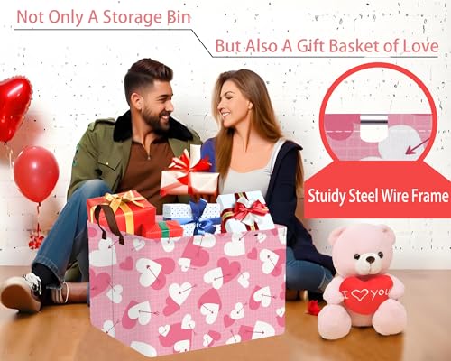 Image of Large Valentine's Day Basket Heart Shaped Storage Bin for Gifts Collapsible Organizer Room Decor (Arrow White Pink Love)