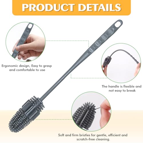 Image of Silicone Bottle Brush 5PCS Cup Brushes 10.62 inch Long Handle Bottle Scrubber for Baby Bottle, Glassware, Vase, Water Cup Cleaner Brush