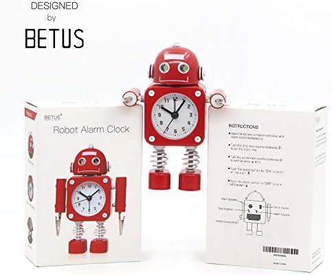 Betus [Non-ticking Robot Alarm Clock Stainless Metal - Wake-up Clock with Flashing Eye Lights and Hand Clip (Ruby Red)