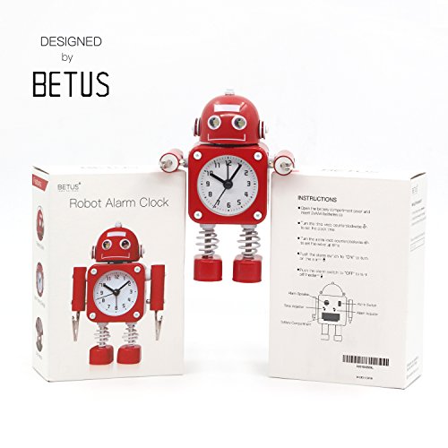 Betus Non-Ticking Robot Alarm Clock Stainless Metal - Wake-Up Clock With Flashing Eye Lights And Hand Clip (Ruby Red) #TOP5