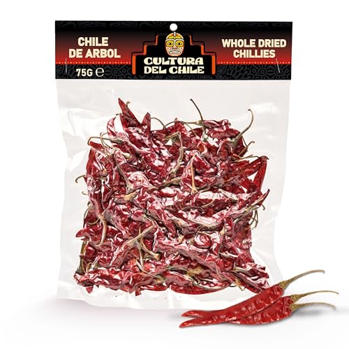 Arbol Whole Dried Chillies 75g - All Natural, High Heat, Sharp, Smoky Flavour for Authentic Mexican Taste. Great for Birria Tacos, Soups, Salsa, and Enchiladas. Use in Mexican, Chinese and Thai Dishes