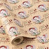 RUSPEPA Baby 1st Christmas Wrapping Paper Roll, Mini Roll, Cute Elephant in Santa Hat with Baby Footprints and Greenery Design, Holiday Kraft Gift Wrap for Infant Boys Girls, 17 Inches x 16.4 Feet