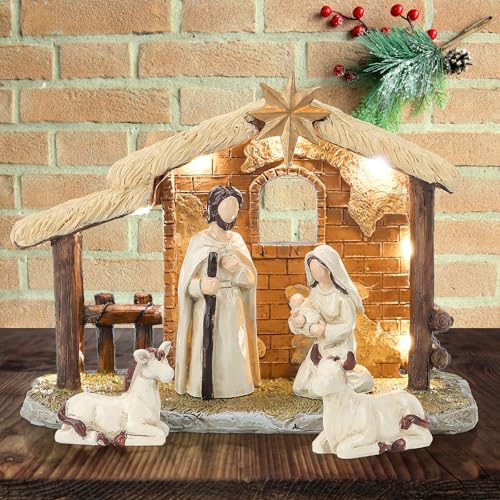 Hebaogugu Belén de Navidad, adorno de mesa de resina de escena de nacimiento de Jesús, decoraciones de Navidad con pesebre, juego de estatua de nacimiento de Jesús para decoración del hogar y al aire