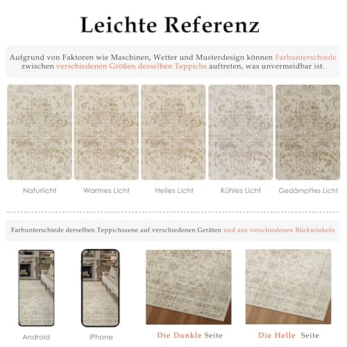 PureCozy Vintage Teppich Wohnzimmer 140x200cm Beige Waschbar Groß Teppiche – Ansicht 2