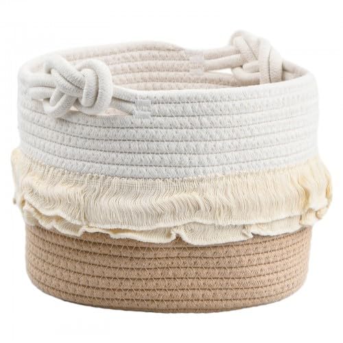 Panier en Corde de Coton Tissé avec Poignée - Rangement pour Bébé, Corbeille à Linge, Pépinière - Salon, Chambre Enfant (24 x 17.5 cm)