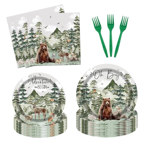 Fitumiw 96Pcs Boy Adventure Party Tableware Supplies Woodland Plates and Napkins Baby Shower Party Set Let The Adventure Begin Decorations Serve 24 Guests