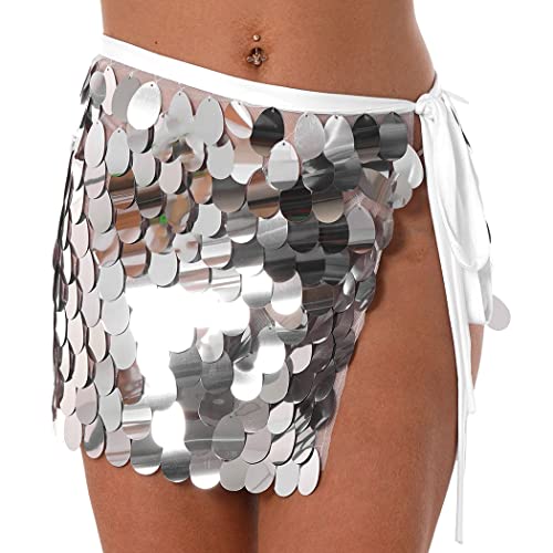 Nicute Women's Sequin Belly Skirt Sparkly Dance Skirt Tassel Hip Scarf Skirt Rave Party Skirt Costume For Women And Girls (Silver) #TOP1