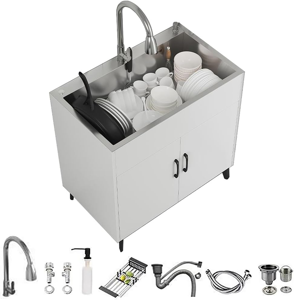 19.6-29.5In Laundry Sink with Cabinet And Pull-Out Sprayer Faucet,Large Utility Sink Cabinet,Free Standing Laundry Tub,Multi-Use for Laundry, Kitchen, Bathroom, Garage,White,50 * 40cm