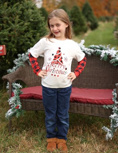 Image of Arshiner Girls Christmas Halloween Long Sleeve Shirts Graphic Stripe Plaid Patchwork Top Tee