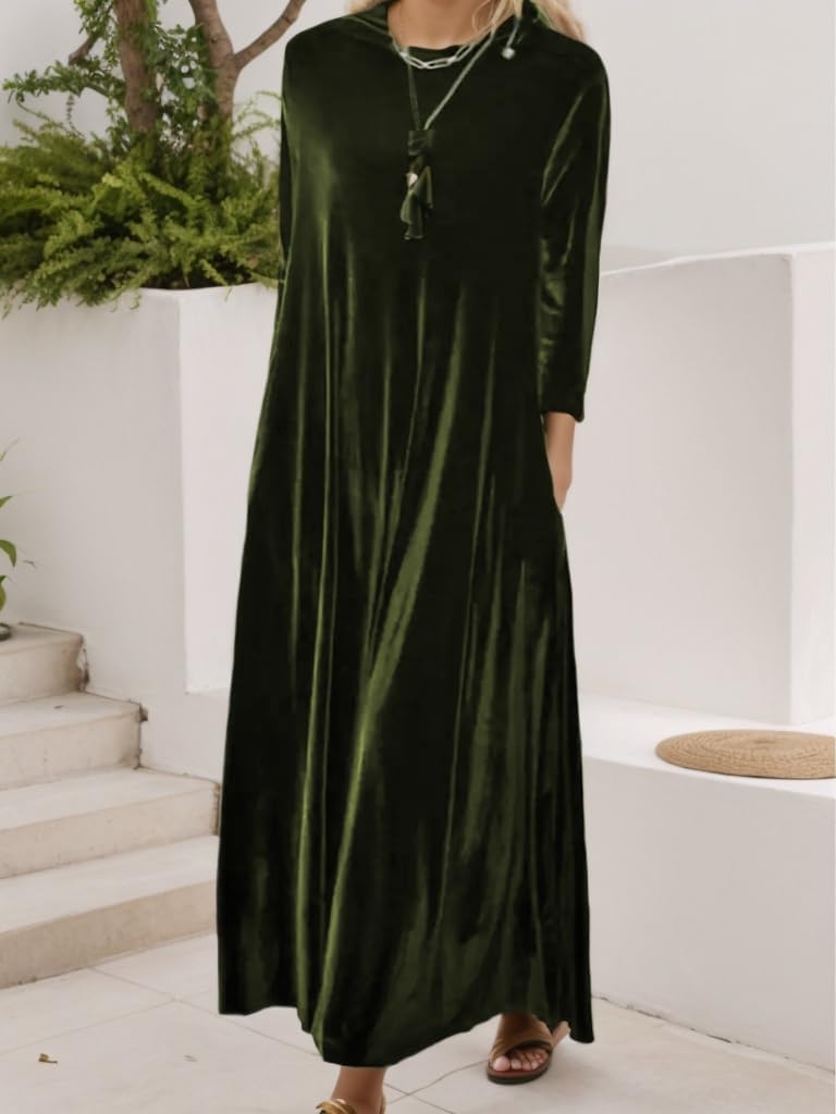 TIAFORD Women Long Sleeve Velvet Dress Casual Cewneck Flowy Holiday Shift Maxi Dress Loose Party Tshirt Dress with Pocket - Image 2
