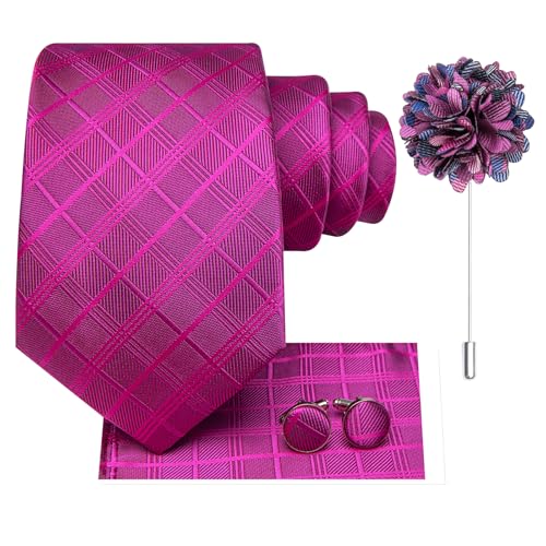 Image of Hi-Tie Mens Hot Pink Checkered Ties Set Classic Necktie Lapel Pin Pocket Square Cufflinks Sets Formal Business Wedding