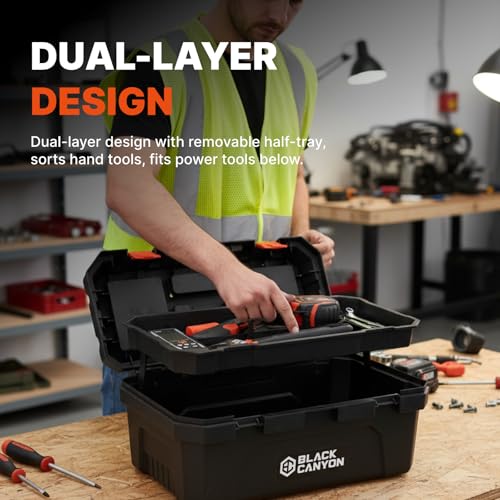 Black Canyon Tool Box - 19 Inch Plastic Dual-Layer Design, 44 lbs Load Capacity Portable Tool Box, Ergonomic Handle, Stackable & Top-Lid Storage, Perfect for DIY, Workshop & Job Site Organization