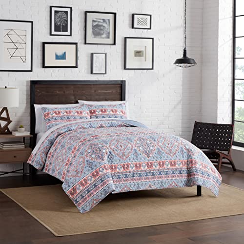 Lucky Brand Quilt Set – 3-Piece King Size Quilt With Pillow Shams, Cotton & Polyester, Lightweight, Modern Carmine Medallion Design Coverlet King Size, Blue / Peach #TOP18