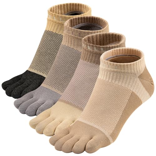 VWELL Toe Socks for Men Women Running Ankle Cotton Five Fingers Design Low Cut Athletic 4 Pairs Size 8-11, Grey, Coffee, Yellow, Blackgrey, 8-11