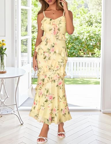 MEROKEETY Spring Summer Floral Wedding Guest Maxi Dress Womens 2026 Formal Bodycon Ruffle Spaghetti Strap Cocktail Long Dress, Yellow, Medium - Thumbnail 2