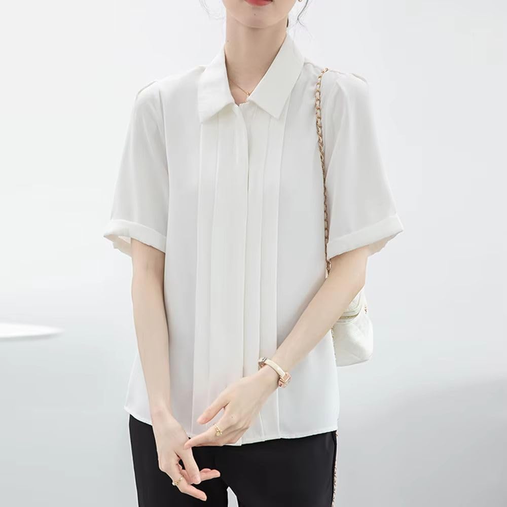 Women's White Chiffon Shirt Summer Short Sleeve Elegant Formal Blouse Top Casual All-Match Clothing for Ladies