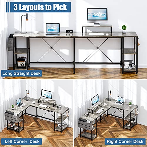Lulive L Shaped Desk, 95" Reversible Corner Computer Desk With Shelves, Monitor Stand, Storage Bag, Hooks, 2 Person Long Desk For Home Office Writing Study Workstation (Grey) #TOP3