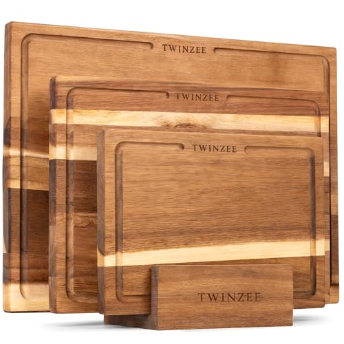 Twinzee 3 Planche a Decouper (40 x 30/33 x 24/26 x 18 cm) en Acacia Massif - Planche a Decouper Bois avec Support, 2cm d'Epaisseur, avec Rainure a Jus