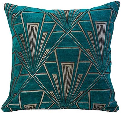 Art Deco Cushion Cover. Double Sided Velvet Chenille. Teal Blue and Silver Retro Design. 17"x17" Square Pillow. Geometric bold design. 20s and 30s style. Handmade in the UK.