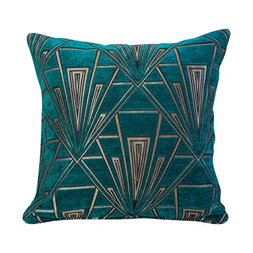 Art Deco Cushion Cover. Double Sided Luxury Velvet Chenille. Teal Blue and Silver Retro Design. 17"x17" Square Pillow. Geometric bold design. 20s and 30s style. Handmade in the UK.