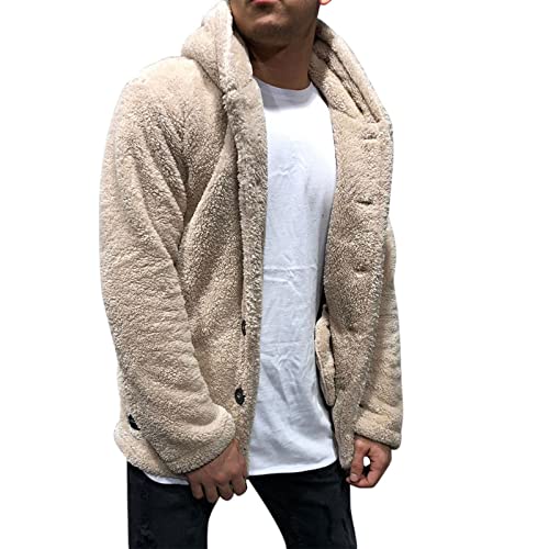 Hthlvmd Men's Fuzzy Sherpa Hoodie Sweatshirt Long Sleeve Button Down Soft Fleece Jackets Winter Hooded Outwear Khaki #TOP3