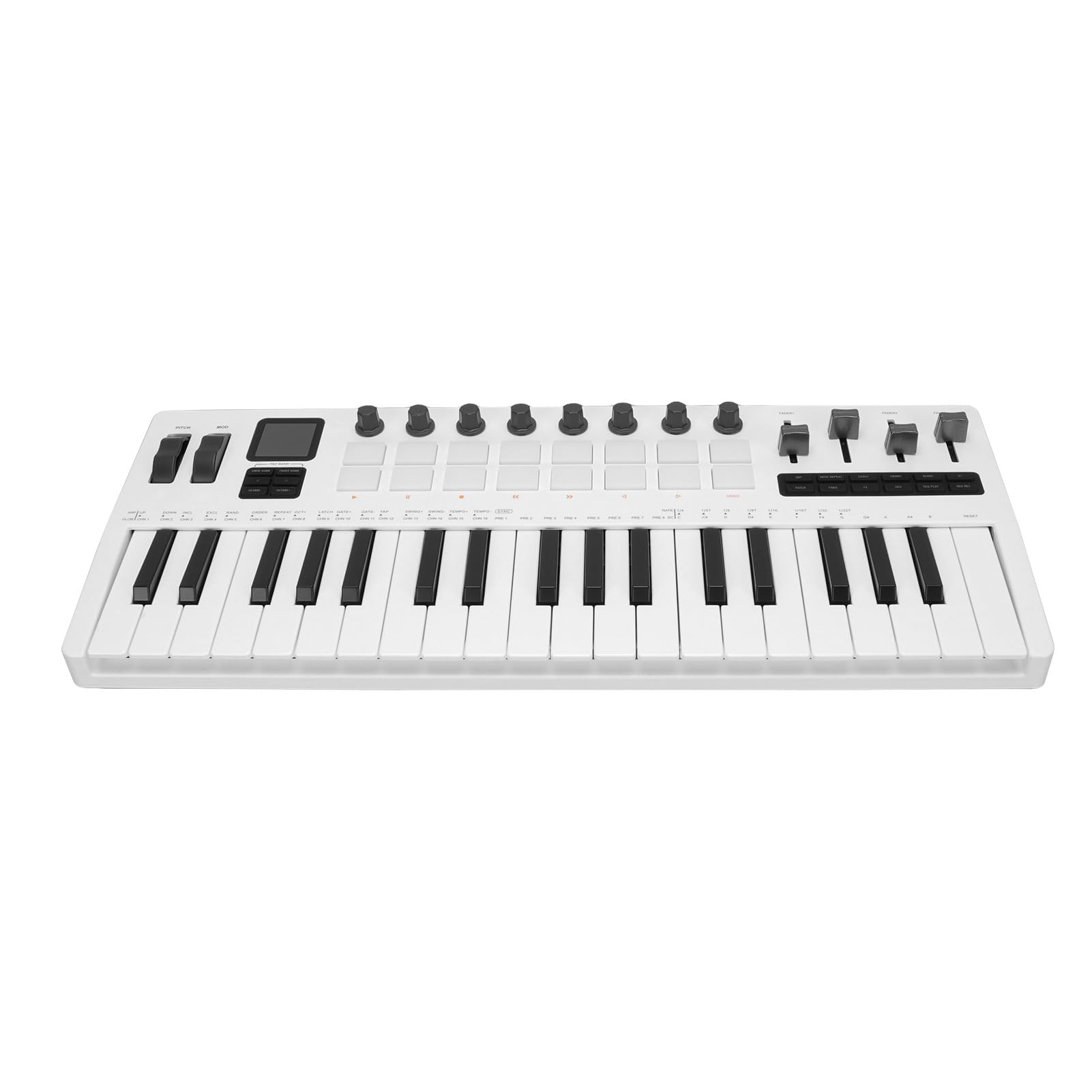 37 Controlador MIDI Clave con Sensibilidad de Velocidad, 16 Almohadillas de Batería RGB, 8 Perillas, 4 Faders, Motor de Sintetizador, Pantalla de 1.54 Pulgadas, Material ABS