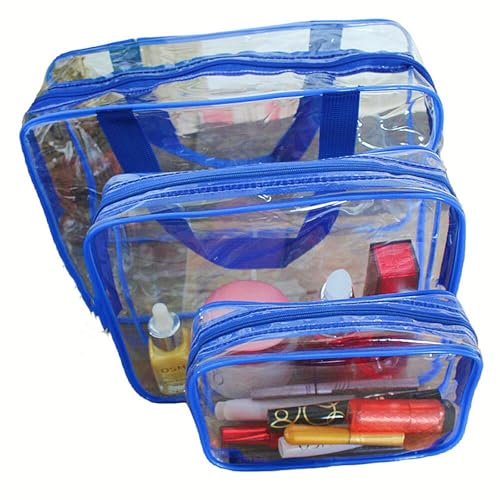 ZanPol 透明化粧品バッグおしゃれ 多機能 メイクポーチ大容量 防水PVCジッパートイレタリーキャリーバッグ バスルームや片付け用のポータブル 小物入れ 化粧品バッグ収納 バッグセット 最適 普段使い 持ち運び 出張 旅行 バッグ 3個セット (ブルー