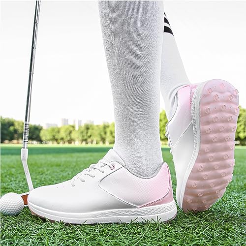 Zapatos de golf de cuero para mujer con diseño impermeable y suela cómoda sin pinchos 2