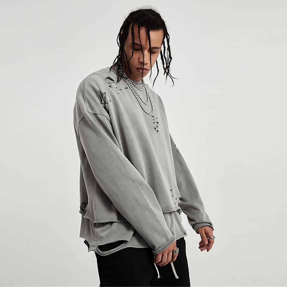 Vintage Streetwear ripped Sweatshirt Men Fashion Autumn Solid Color Oversize Sweatshirt - Image 4