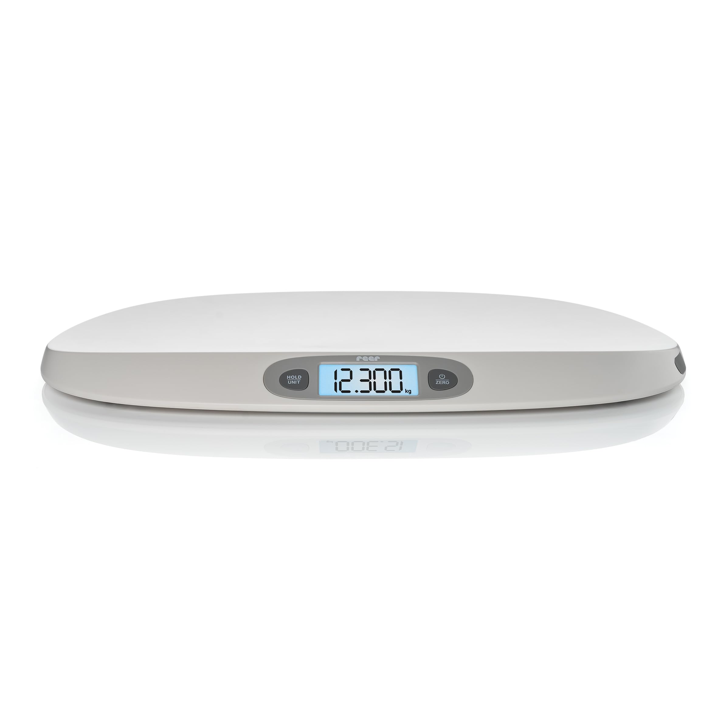 reer BabyCare - Báscula ergonómica para recién nacidos/bebés, peso máximo de 25 kg, cinta métrica integrada, función Hold y tarier, pantalla LCD iluminada, precisión de 5 g