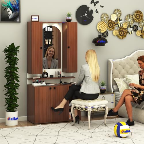 Image of Anikaa Opulex Engineered Wood Dressing Table with Mirror Cabinet, LED Lights, Storage Shelves & Back Panel - Wall Mounted Makeup Vanity & Organizer for Bedroom -(Walnut /White) DIY Installation