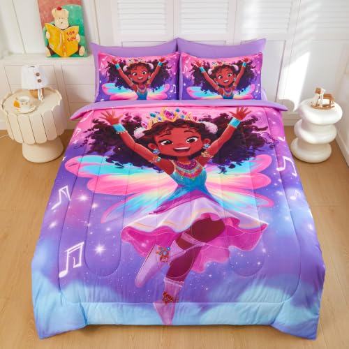 Image of Twin Comforter Set for Girls 5 Piece Black Girl Bedding Set for Girls, Super Soft Microfiber Bed Set African American Princess Bed in a Bag with Comforter & Purple Sheets Pillowcase & Sham