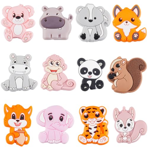 SUNNYCLUE 1 BOX 12PCS Silicone Animal Beads Bulk Cute Rubber Focal Beads Cartoon Tiger Panda Center Drilled Loose Spacer Double Sided Beads for Beaded Pens Keychain Making Kit Beading Bracelet Craft